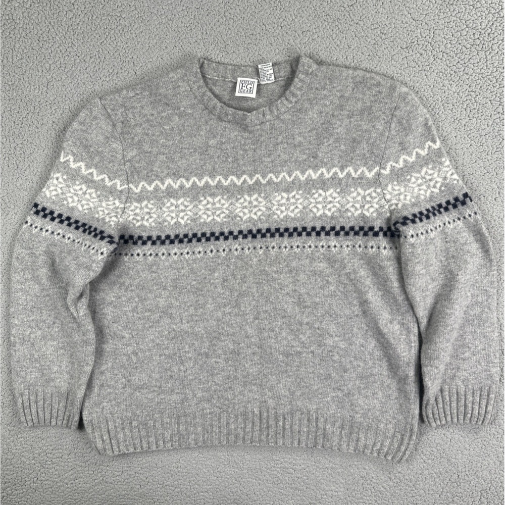 VTG 90s Field Gear Thick Chunky Knit Lambs Wool Sweater Men 2XL Grey Fair Isle